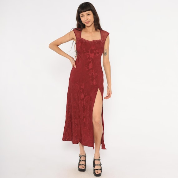 90s Victoria's Secret Slip Burgundy Dress Gown Lace Trim Sweetheart Neckline High Slit Wine Slip Lingerie Style Date Night Formal Small S