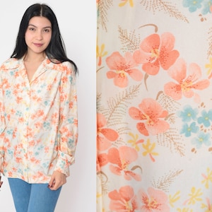 Floral Blouse 70s Boho Disco Shirt Button Up Top Collared Bohemian Long Sleeve Retro Off-White Orange Orchid Flower Vintage 1970s Medium M
