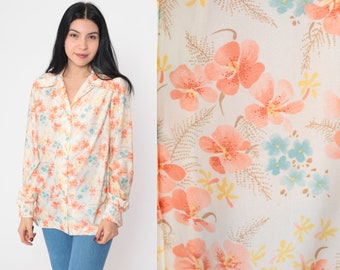 Floral Blouse 70s Boho Disco Shirt Button Up Top Collared Bohemian Long Sleeve Retro Off-White Orange Orchid Flower Vintage 1970s Medium M