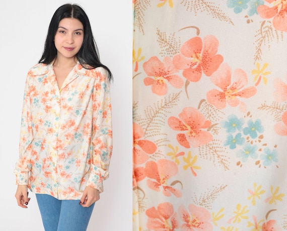 Floral Blouse 70s Boho Disco Shirt Button Up Top Collared Bohemian Long Sleeve Retro Off-White Orange Orchid Flower Vintage 1970s Medium M