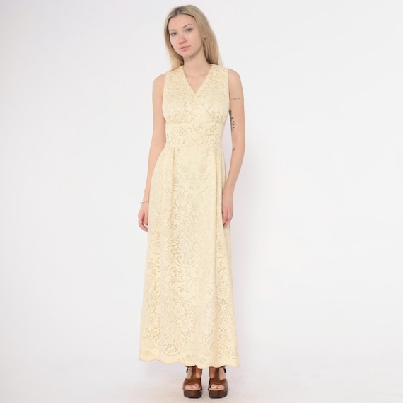 70s Bohemian Wedding Dress Lace Maxi Dress Cream Ivory V Neck Sleeveless Empire Waist Cottagecore Prairie Vintage Formal Disco Party Small S