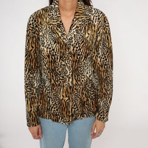 Animal Print Jacket 90s Faux Fur Coat Button up Blazer Cheetah Leopard Tiger Stripe Boho Cocktail Party Furry Fuzzy Vintage 1990s Large L image 6