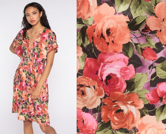 Floral Midi Dress Deep V Neck Dress Bohemian Midi 1980s Plunging Neckline Dress Vintage Short Sleeve 80s High Waist Dress Medium