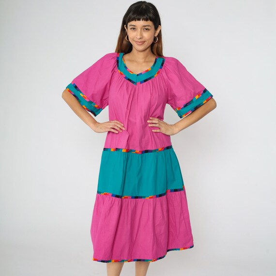 80s Color Block Dress Bright Fuchsia Trapeze Tent Dress Turquoise V Neck Midi Hippie Boho Beach Cover Up Bohemian Short Sleeve Medium Large