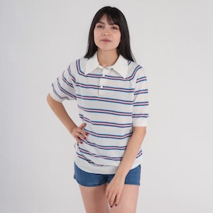 Striped Polo Shirt 70s Collared Knit Shirt White Red Blue Retro Preppy Short Sleeve Banded Hem Hippie Seventies Top Vintage 1970s Medium M