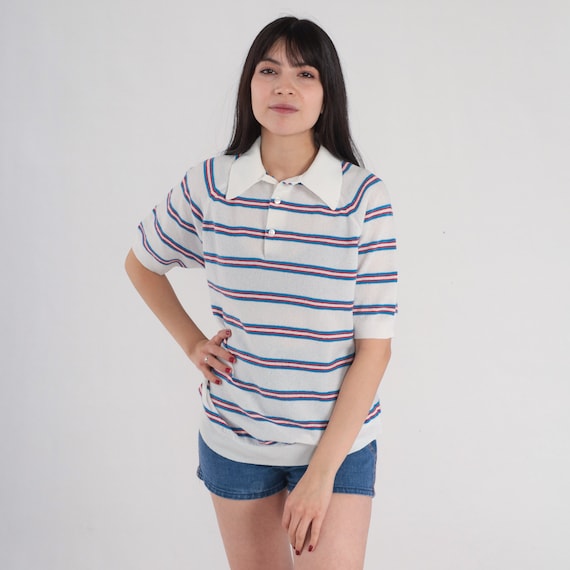 Striped Polo Shirt 70s Collared Knit Shirt White Red Blue Retro Preppy Short Sleeve Banded Hem Hippie Seventies Top Vintage 1970s Medium M