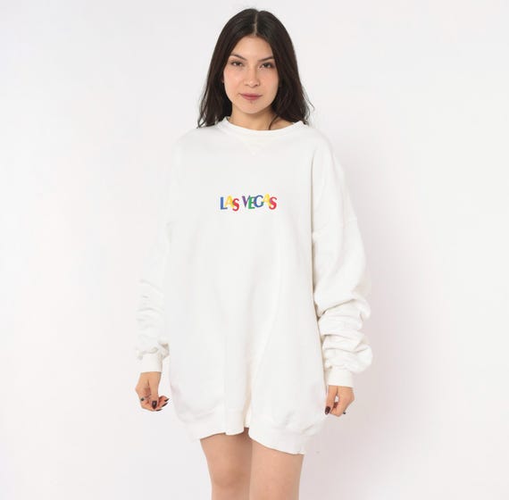 Las Vegas Sweatshirt 90s White Embroidered Rainbow Letters Long Sleeve Boxy Blue Red Yellow Green Vintage Plus Size Extra Extra Large XXL