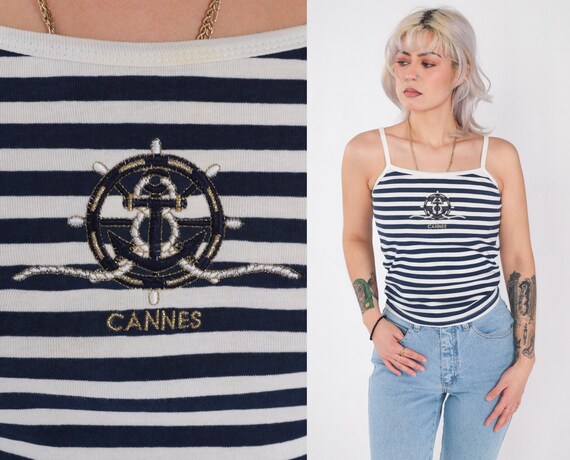 90s Tank Top Cannes France Shirt Blue White Crop Top Striped Spaghetti Strap Nautical Sleeveless Top 1990s Vintage Sailor Summer Small xs