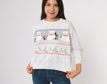 Bluza z motywem kota świątecznego, białe bałwany, płatki śniegu, lata 90., vintage, świąteczne, zimowe, brzydkie, sweter, impreza, kawaii, słodkie, bardzo małe, rozmiar XS