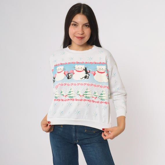 Christmas Cat Sweatshirt White Snowmen Snowflakes 90s Vintage Holiday Festive Winter Ugly Sweater Party Kawaii Cute Extra Small XS