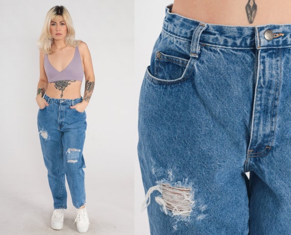 Ripped Jeans 90s Gitano Mom Jeans High Waisted Rise Tapered Jeans Blue  Distressed Denim Pants Retro Relaxed Grunge 1990s Vintage Medium 30 
