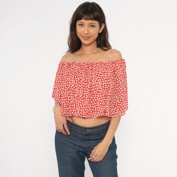 Red Floral Crop Top 90s Off Shoulder Blouse White Peasant Shirt Flutter Sleeve Summer Vacation Top Cherry Women Small To Large S M L