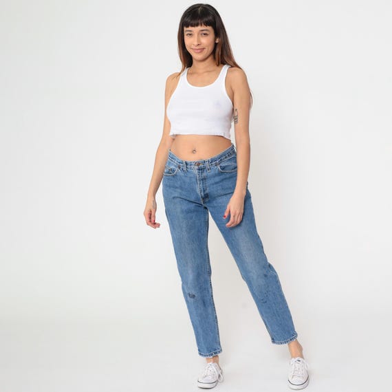 Vintage Straight Leg Jeans 90s Distressed Blue Jeans Tapered Jeans High Waisted Rise Retro Denim Pants 1990s Faded Glory Medium 32 x 30