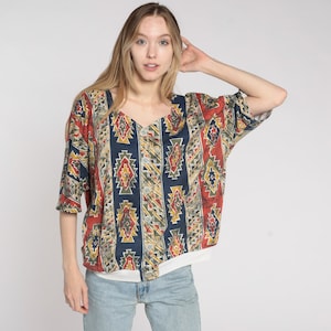 Southwest Shirt Button Up Southwestern Blouse 90s AZTEC Shirt Striped Blue Red 1990s Vintage Short Sleeve 80s Banded Hem 2xl xxl Plus Size