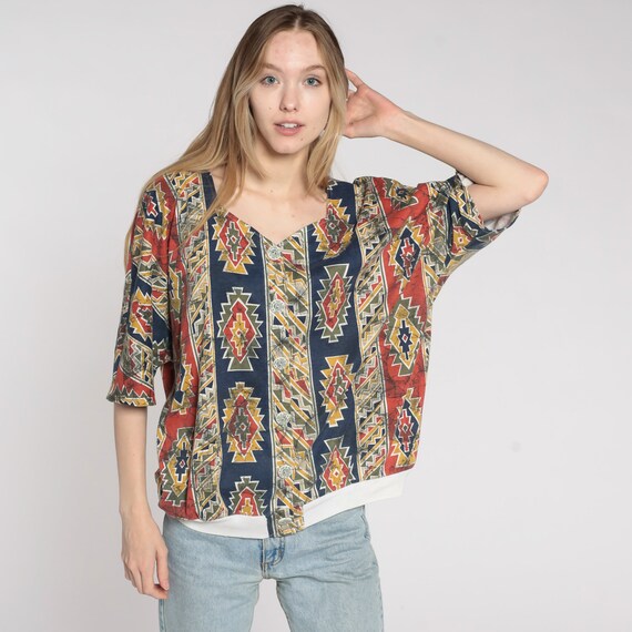 Southwest Shirt Button Up Southwestern Blouse 90s AZTEC Shirt Striped Blue Red 1990s Vintage Short Sleeve 80s Banded Hem 2xl xxl Plus Size