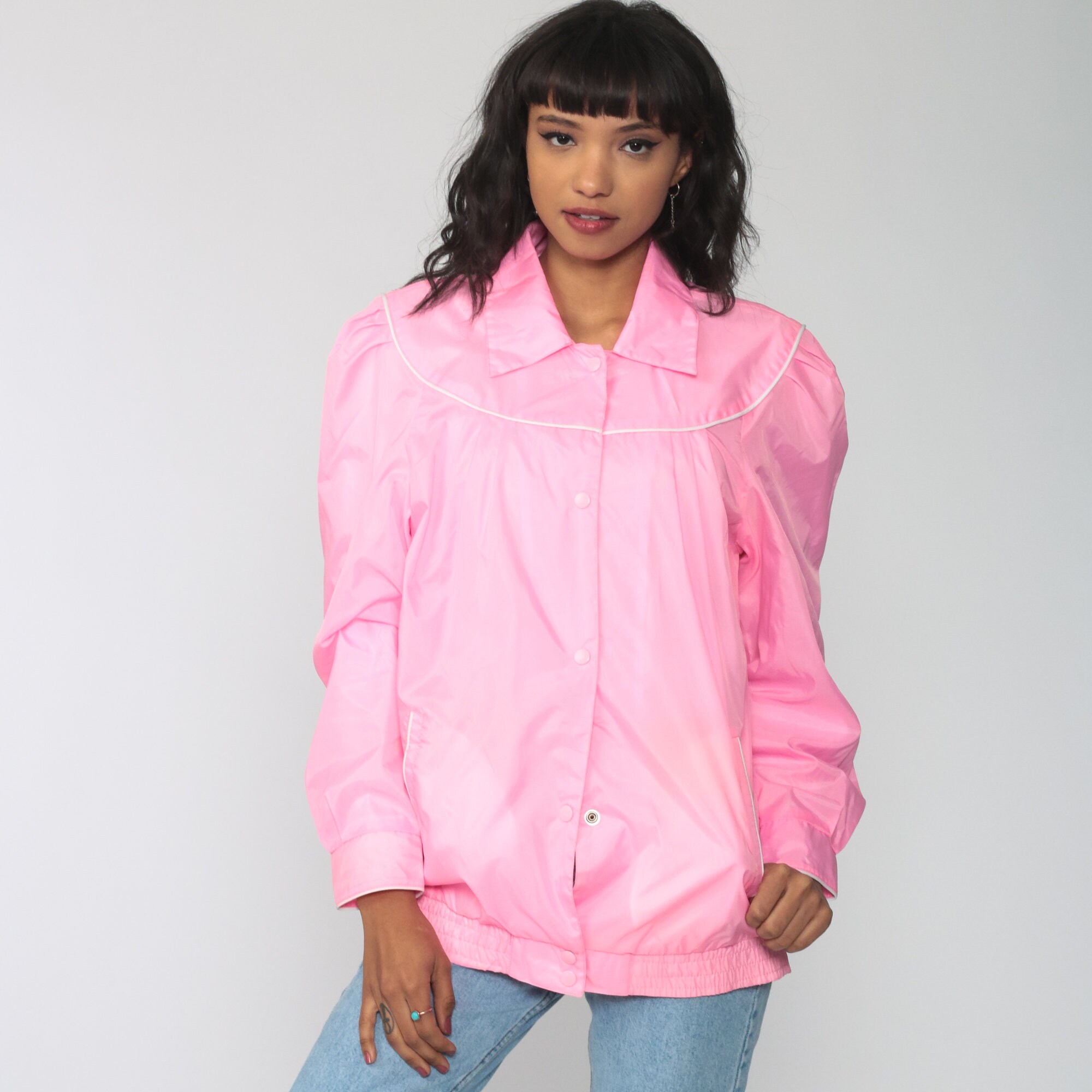 Bright Pink Jacket 80s Windbreaker Bomber Jacket PUFF SLEEVE Jacket Pastel Jacket Hipster 