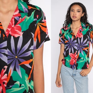 Tropical Floral Shirt Black Hawaiian Blouse Button Up 80s Vintage Surfer Vacation Short Sleeve Leaf Print Retro Top 1980s Medium