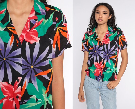 Tropical Floral Shirt Black Hawaiian Blouse Button Up 80s Vintage Surfer Vacation Short Sleeve Leaf Print Retro Top 1980s Medium