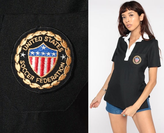 Soccer Polo Shirt 80s United States Soccer Federation Shirt Half Button Up Shirt Black White 1980s Vintage Short Sleeve Small