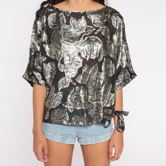 Silver Floral Shirt Metallic Sheer Blouse Rose Pr… - image 7