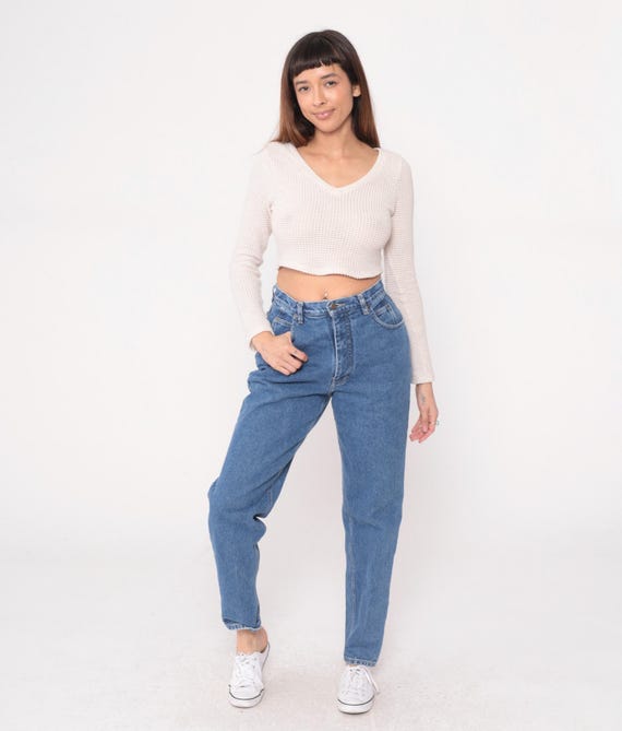 High Waisted Jeans 90s Mom Jeans Straight Leg Blue Denim Vintage Classic High Rise Relaxed Fit 90s Style Casual Everyday Medium M