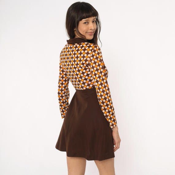 70s Mini Mod Geometric Diamond Pattern Dress Brow… - image 9