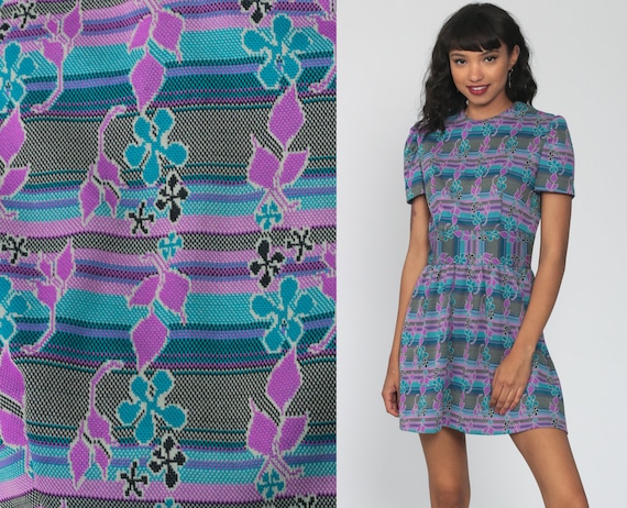 70s Floral Dress Purple Mod Mini Puff Sleeve Dress Boho Hippie High Waist Blue Vintage Bohemian 1970s Minidress Small 4