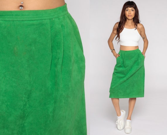 80s Pencil Skirt Green Faux Suede Skirt 1980s Vin… - image 1