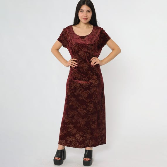 Velvet Burgundy Maxi 90s Dress Burnout Floral Pattern Short Sleeve Scoop Neck Goth Grunge Whimsigoth Alternative Vintage 1990s Large L 12