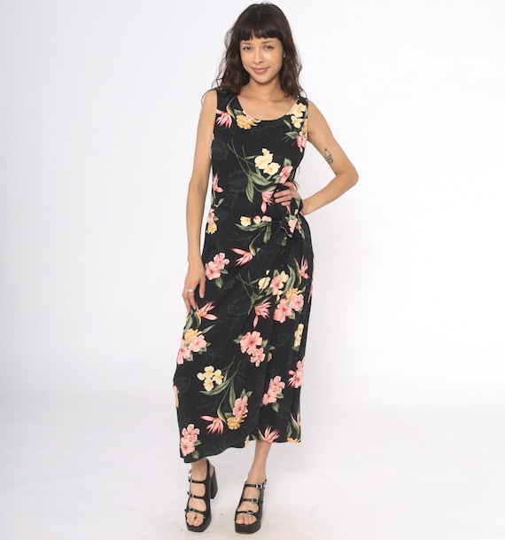90s Tropical Dress Black Floral Hawaiian Print Pink Yellow Flowers Sleeveless Side Tie Wrap Resort Vacation Beach Summer Vintage Large L