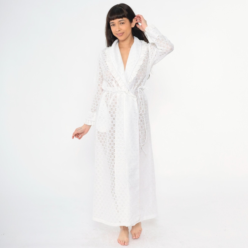 Vintage White Eyelet Lace Robe 70s Ruffle Trim Wrap Belted Sheer ...