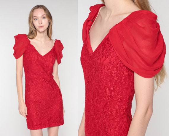 Red Lace Dress 90s Party Dress Mini Pencil Dress Short Draped Sleeve Sheath Wiggle Cocktail Evening Going Out Vintage 1990s Extra Small xs