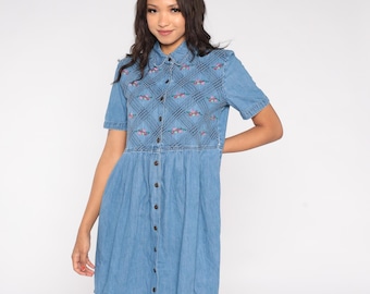 Floral Embroidered Denim Mini Dress Vintage 90s Short Sleeve Grunge Mini Fit Flare Cottagecore Prairie Jean Day Dress Blue Large L Floral Embroidered Denim Mini Dress Vintage 90s Short Sleeve Grunge Mini Fit Flare Cottagecore Prairie Jean Day Dress Blue Large L