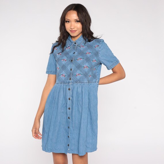Floral Embroidered Denim Mini Dress Vintage 90s Short Sleeve Grunge Mini Fit Flare Cottagecore Prairie Jean Day Dress Blue Large L