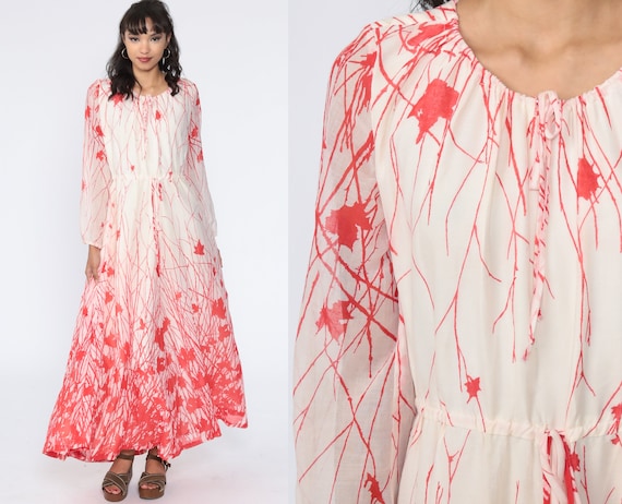 Boho Leaf Dress 70s Maxi Dress Hippie 1970s High Waisted Red Off-White Vintage Bohemian Long sleeve Peasant Small Medium
