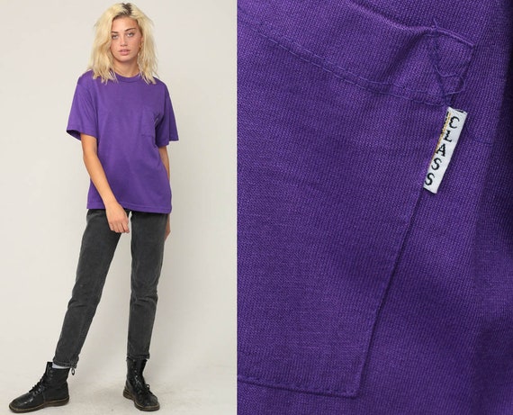 Purple Shirt Plain TShirt 80s T Shirt Purple Tshirt Pocket Shirt Hipster Retro Tee Vintage Normcore Basic Women Small
