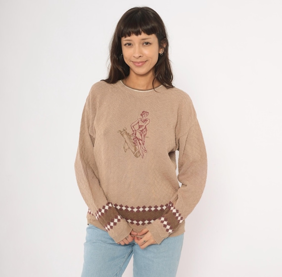 80s Golf Embroidered Sweater Tan Argyle Knit Cotton Diamond Trim Pullover Sand Collegiate Preppy Academic Vintage Crew Neck Camel Medium M