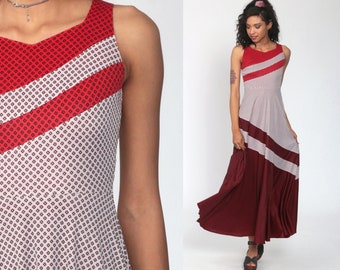 70s Maxi Dress Red Geometric Striped Mod Dress Bohemian Hippie 1970s High Waisted Boho Sleeveless Graphic Vintage Polyester Extra Small xs