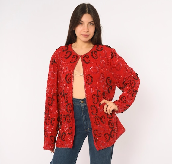 80s Beaded Sequin Cardigan Red Black Swirl Paisley Open Front Evening Jacket Long Sleeve Glam Party Cocktail Top Vintage Extra Large XL