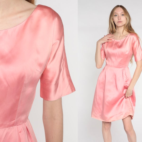 60s Pink Party Dress Satin Mini Dress Retro Mod High Waist Short Sleeve Mad Men Shift Glam Cocktail Prom Formal Vintage 1960s Extra Small xs