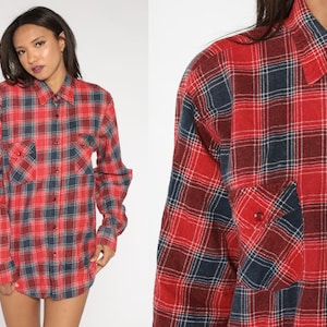 90s Flannel Shirt Red Blue Plaid Grunge Lumberjack Oversize Long Sleeve Button Up Vintage Chest Pocket Retro Large xl