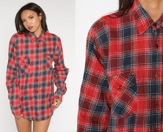 90s Flannel Shirt Red Blue Plaid Grunge Lumberjack Oversize Long Sleeve Button Up Vintage Chest Pocket Retro Large xl