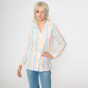Vintage Pastel Striped Shirt 70s White Pink Blue Blouse Long Sleeve Boho Top Geek Nerd Button Up 1970s Collared Vertical Stripe Small S