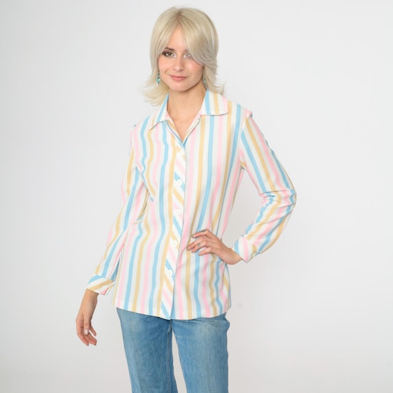 Vintage Pastel Striped Shirt 70s White Pink Blue Blouse Long Sleeve Boho Top Geek Nerd Button Up 1970s Collared Vertical Stripe Small S