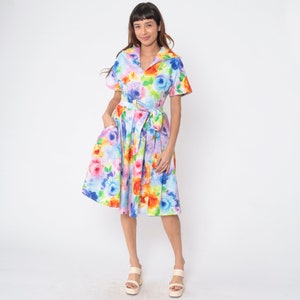 Watercolor Floral Dress Y2K Rainbow Midi Dress Collar V Neck High Waisted Retro Pinup Colorful Short Sleeve Knee Length Vintage 00s Medium M image 2