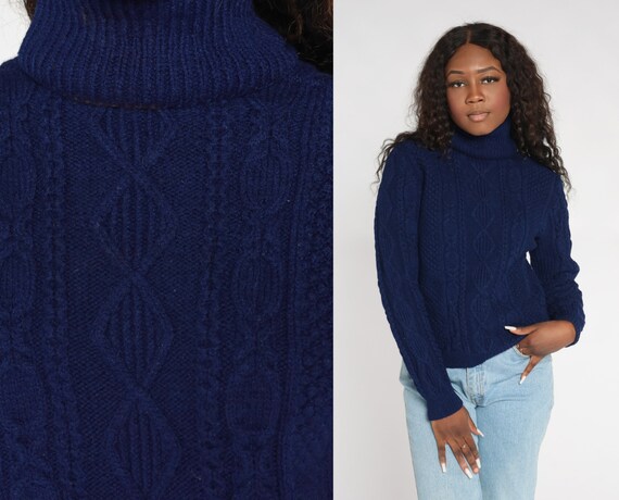 ShopExile Navy Blue Turtleneck Sweater 80s Cable Knit Sweater Retro Slouchy Pullover Cableknit Cozy Basic Plain Knitwear Vintage 1980s Acrylic Small S