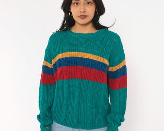 80s Teal Cable Knit Sweater Color Block Stripe Pullover Red Green Crew Neck Long Sleeve Chunky Boxy Slouchy Preppy Unisex Mens Medium M