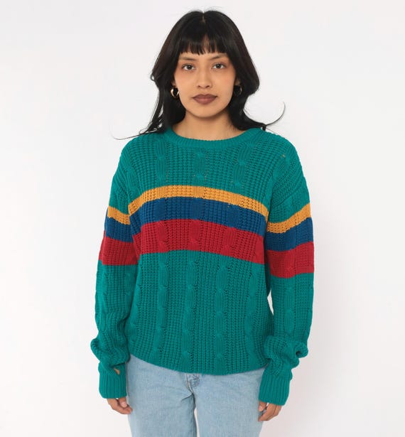 80s Teal Cable Knit Sweater Color Block Stripe Pullover Red Green Crew Neck Long Sleeve Chunky Boxy Slouchy Preppy Unisex Mens Medium M