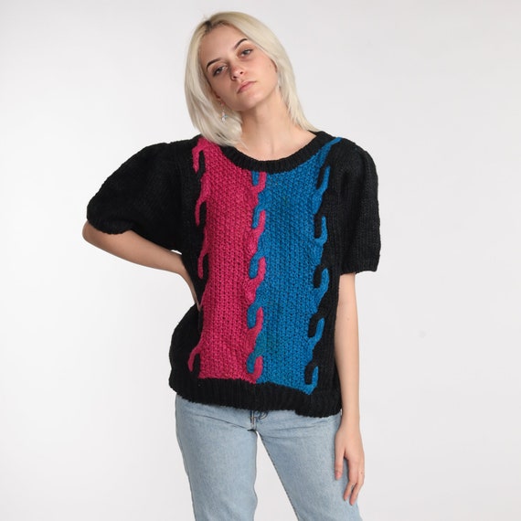 Color Block Knit Top Cable Knit Sweater Shirt 80s Black Magenta Blue Short Sleeve Sweater Bohemian 1980s Slouchy Boho Large