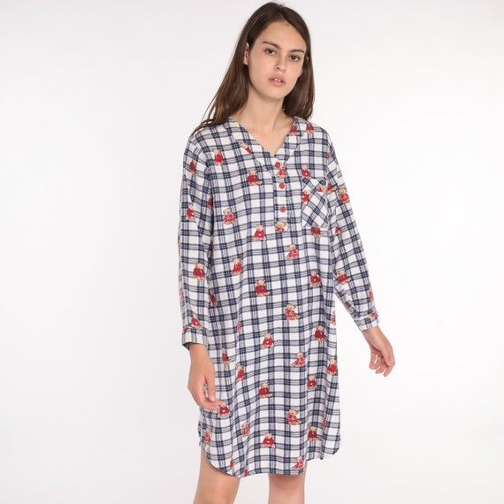 Vintage Flannel Nightgown Checkered Teddy Bear Pajama Dress 80s Nightie Retro Tshirt 1980s Plaid Henley Neckline Kawaii Midi Medium